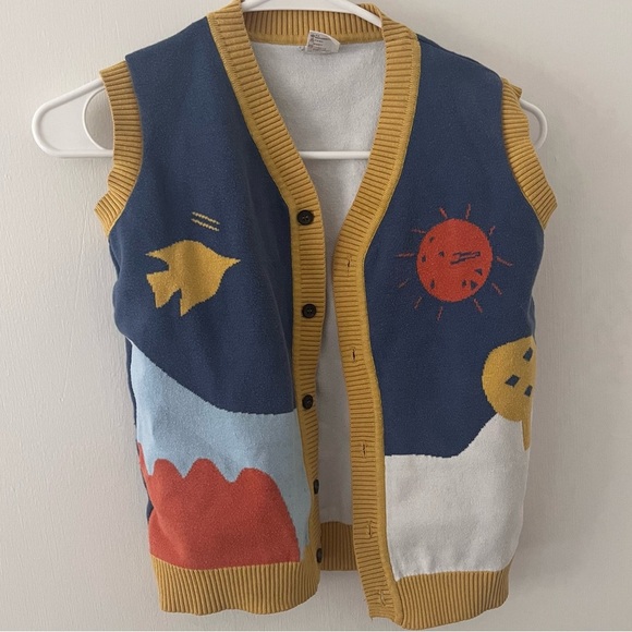 Knit Sweater Vest Little Kid 140 cm 8 yrs Lightweight Landscape Fish Blue Yellow - Picture 1 of 8